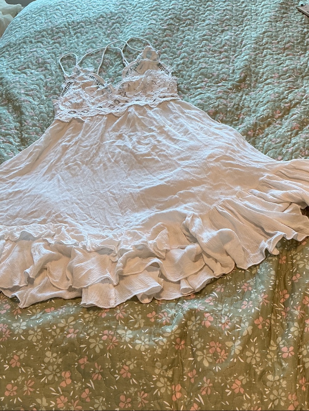 Free People White Lace Trim Ruffle Dress S